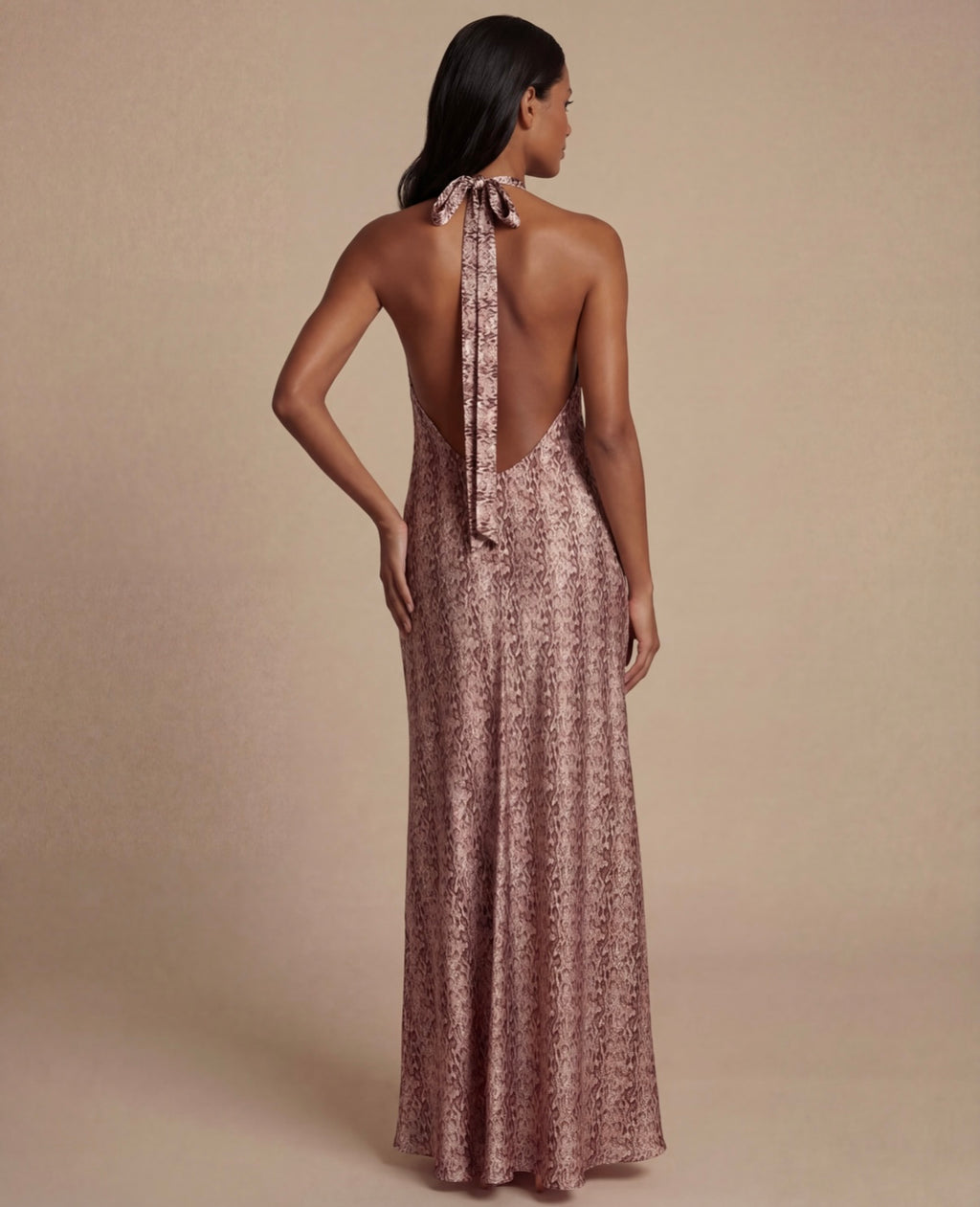 Kai Satin Halter Maxi Dress – Blush Zebra Print Open Back Dress