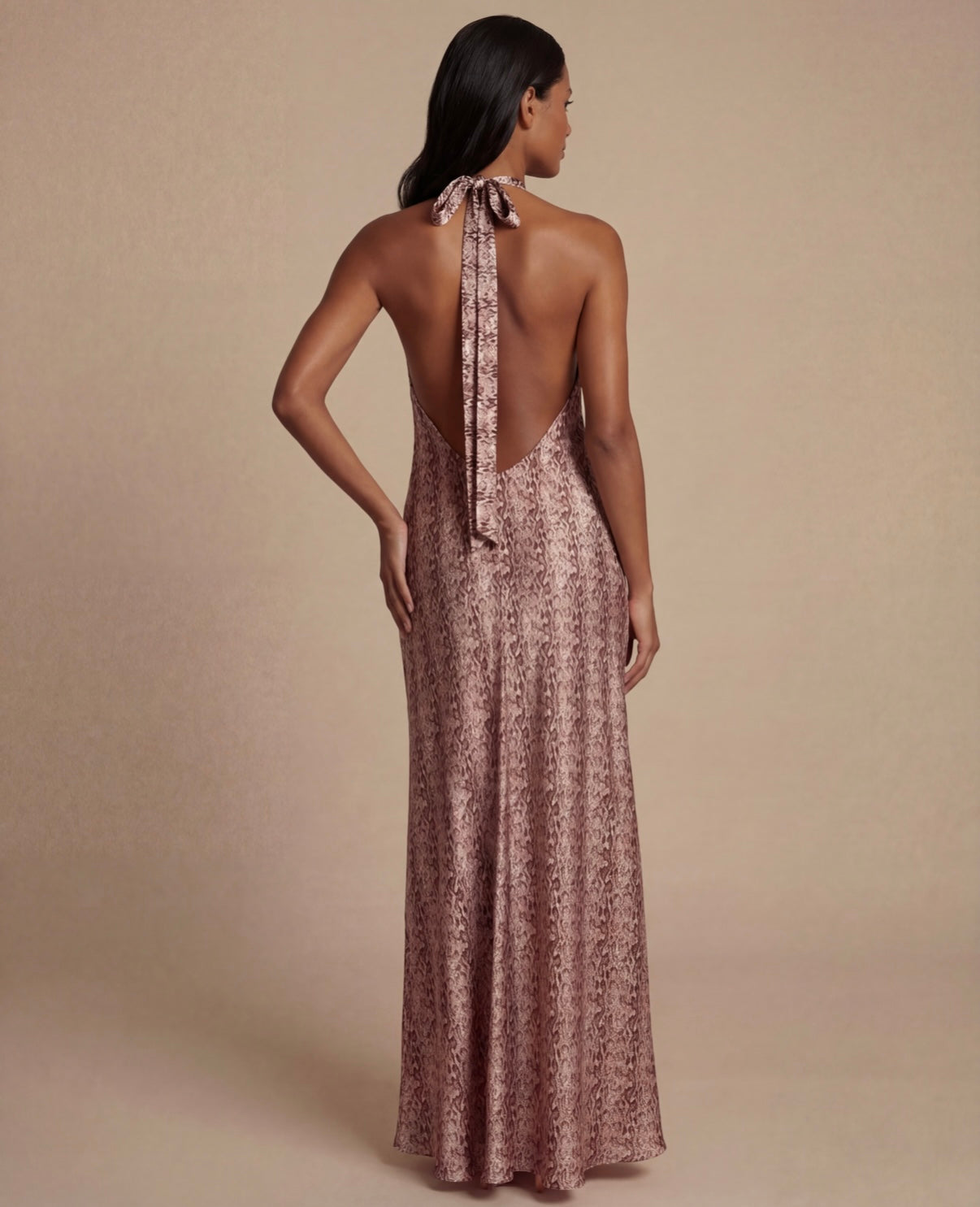 Kai Satin Halter Maxi Dress – Blush Zebra Print Open Back Dress