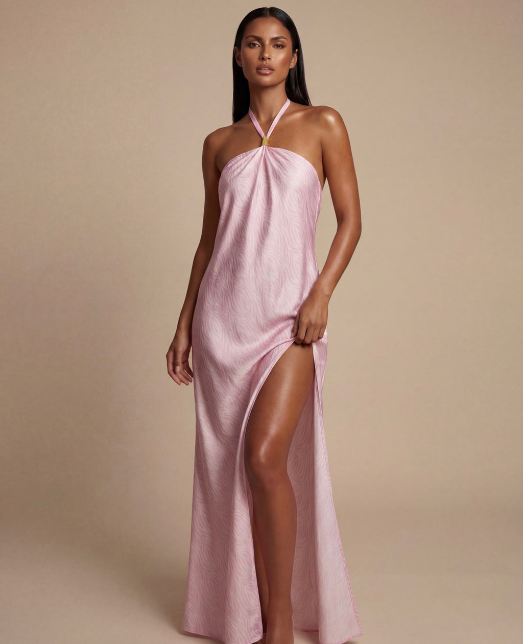 Kai Satin Halter Maxi Dress – Blush Zebra Print Open Back Dress