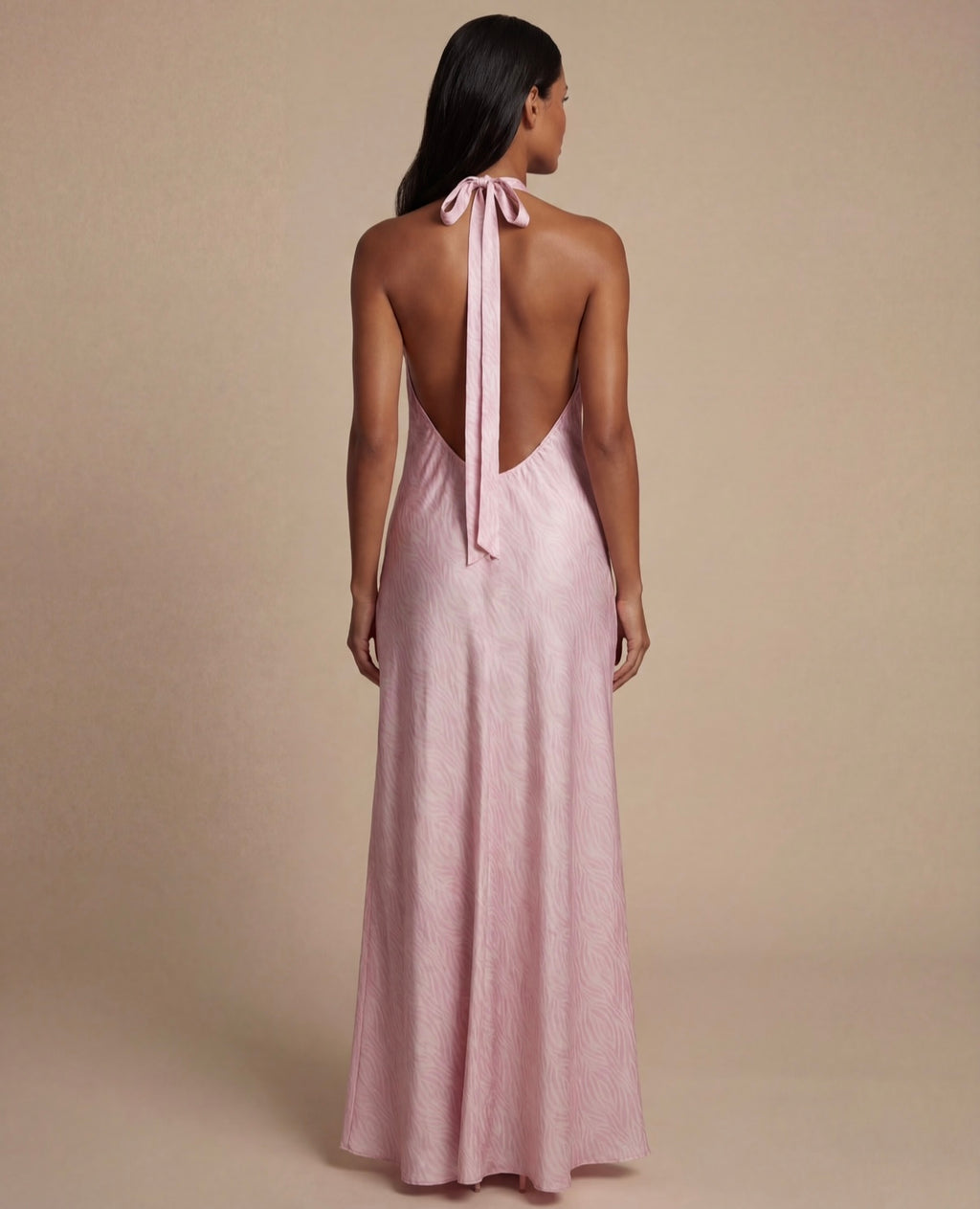 Kai Satin Halter Maxi Dress – Blush Zebra Print Open Back Dress