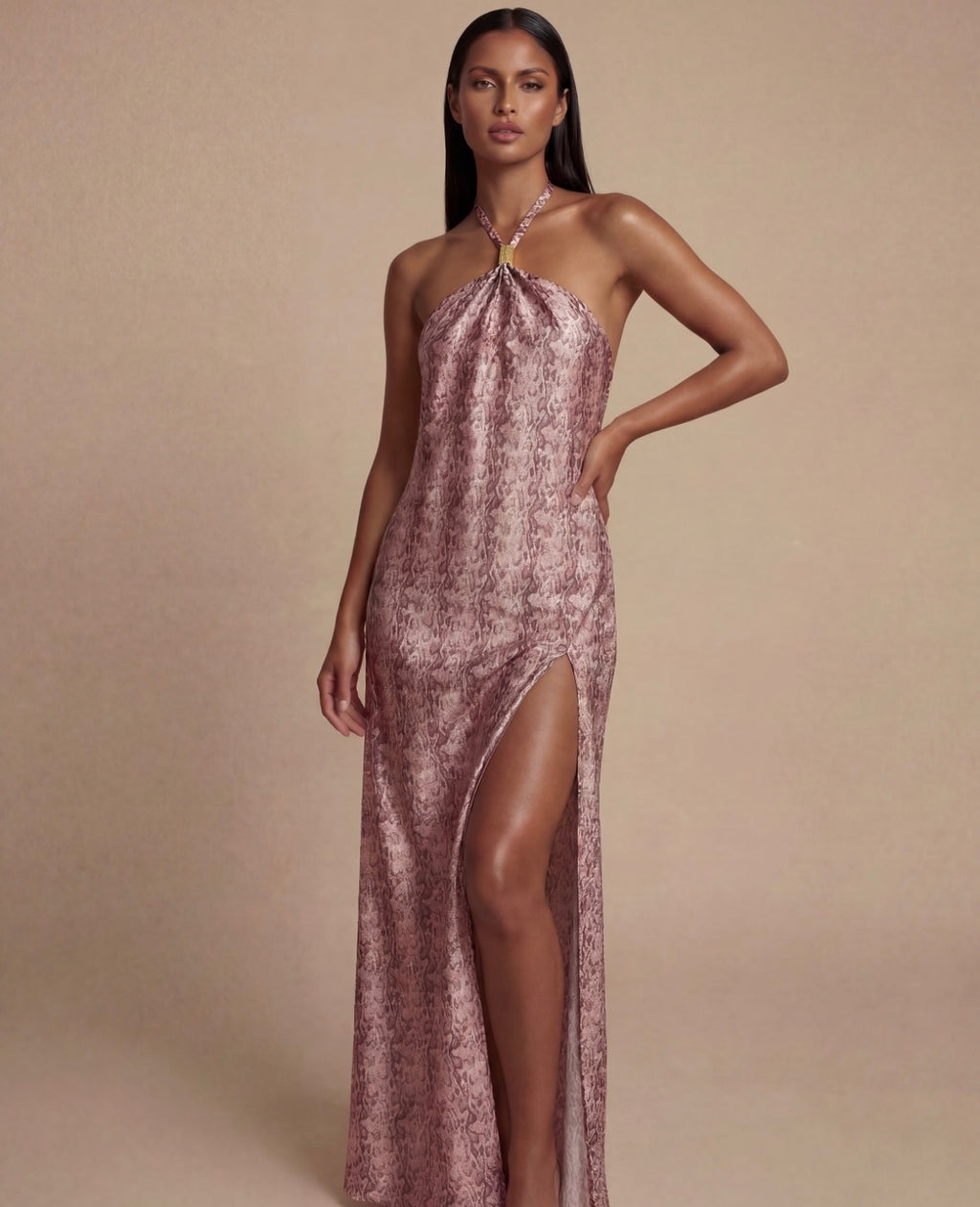 Kai Satin Halter Maxi Dress – Blush Zebra Print Open Back Dress